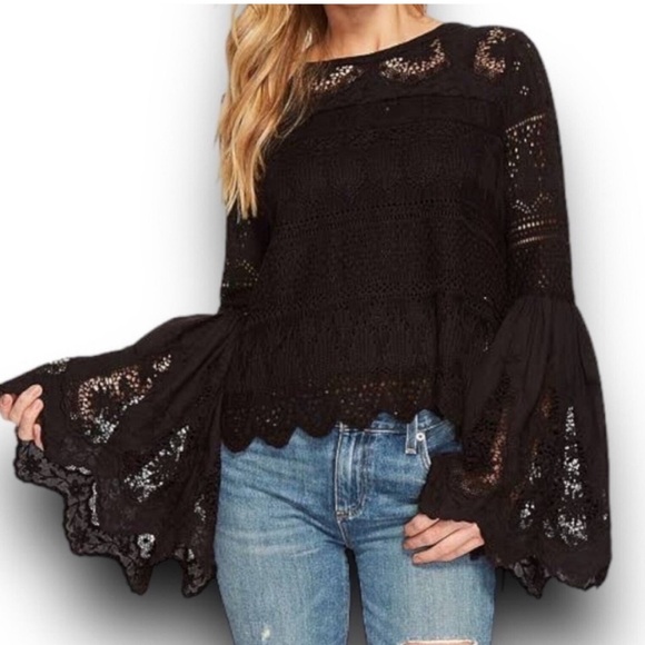 Free People Once Upon A Time Statement Top Black Lace Blouse Shirt Small $148 - Picture 2 of 12